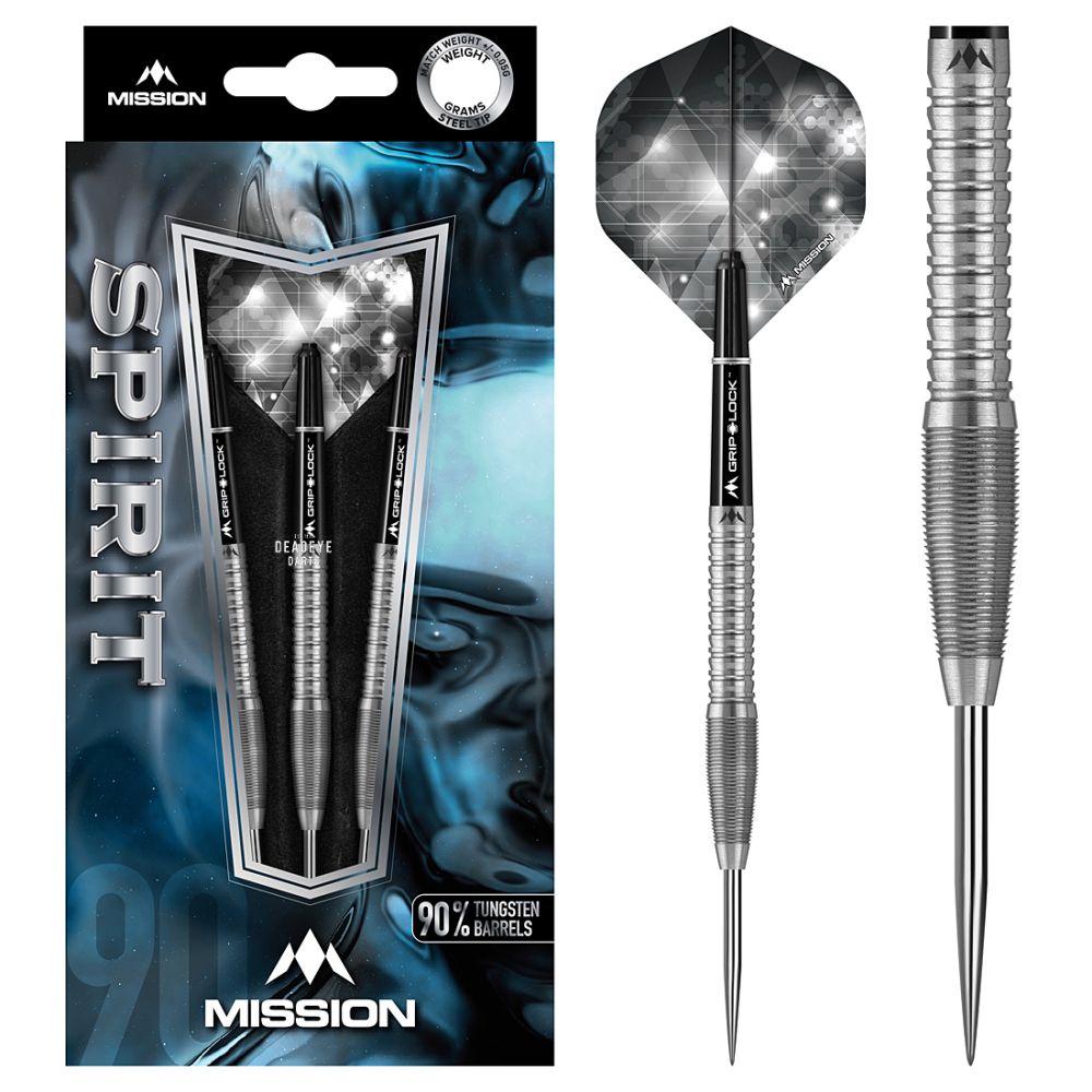 Mission Spirit Steel Tip Tungsten Darts - 90% Tungsten. Features: 90% Tungsten Barrels, 1 Sets of Mission Flights, 1 Set of Mission Shafts with S-Lock rings, Point Protector.