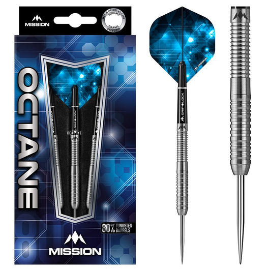 Mission Octane Steel Tip Tungsten Darts - 80% Tungsten. Features: 80% Tungsten Barrels, 1 Sets of Mission Flights, 1 Set of Mission Shafts with S-Lock rings, Point Protector.