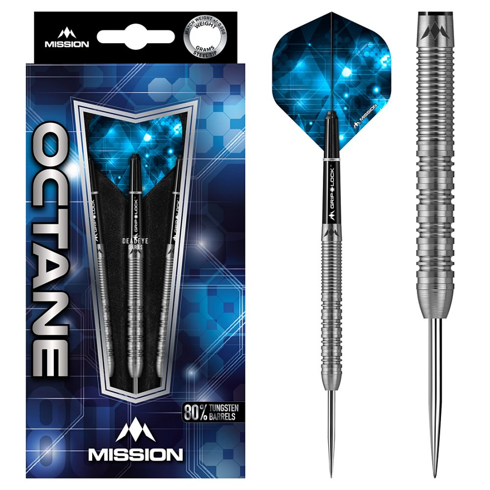 Mission Octane Steel Tip Tungsten Darts - 80% Tungsten. Features: 80% Tungsten Barrels, 1 Sets of Mission Flights, 1 Set of Mission Shafts with S-Lock rings, Point Protector.