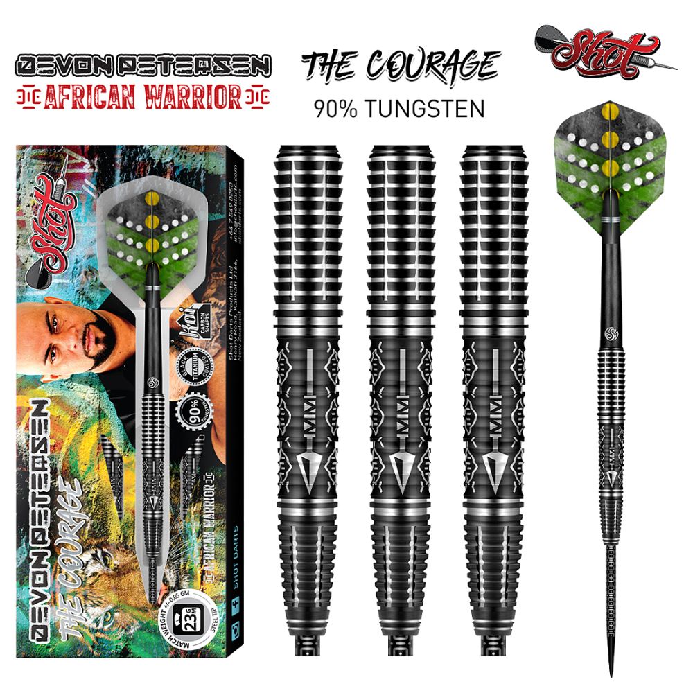 Devon Peterson Courage 90% Tungsten Steel Tip Darts -  It's swathed in lustrous protective Black Titanium, with a laser-etched signature Iklwa grip. Wide grooves identify finger reference points, that hold tight till you let it fly, as smooth as silk. 