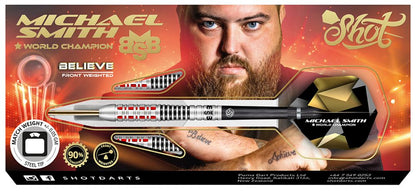 Michael Smith, 90% Tungsten steel tip darts. A smooth nose gives rise to alternating rings inlaid with red mill cuts, resulting in a multi-faceted grip with depth and smooth release. Precision-cut black rings in the center offer a push point; the secure grip feel doesn't lessen as the barrel diameter changes. At the rear, a clean tungsten finish with wide rings keeps the weight at the front.