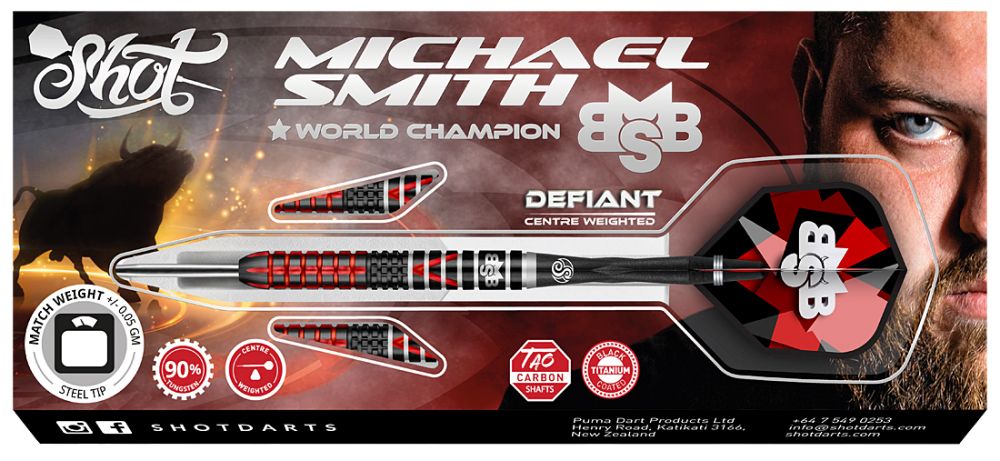 Shot Michael Smith Defiant Steel Tip Darts 90% Tungsten 2023