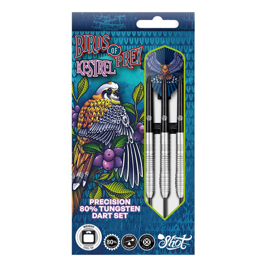 Shot Birds Of Prey Kestrel Darts.  The Kestrel features a distinct push point behind its rounded nose. The precision ring grip follows for another assured push point and comfortable no-slip grip. The swift Kestrel is designed for front and centre throwers; win on a wing and capture the game.