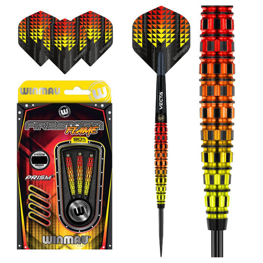 Winmau Firestorm Flame Style 1 90% Tungsten Steel Tip Darts. A radical, visual design completed with the latest mill-grip technology the entire length of the dart. Delivering the world's most explosive looking darts with performance to match.