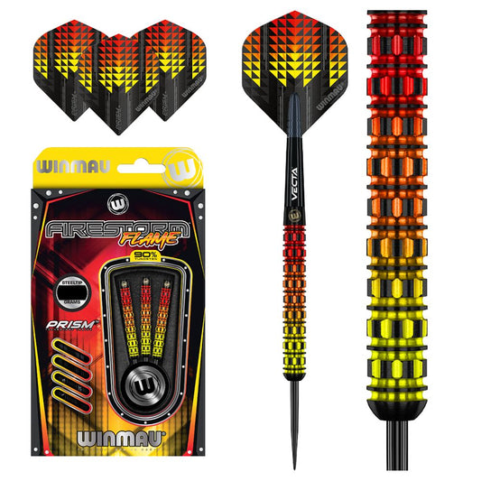 Winmau Firestorm Flame Style 2 90% Tungsten Steel Tip Darts. A radical, visual design completed with the latest mill-grip technology the entire length of the dart. Delivering the world's most explosive looking darts with performance to match.