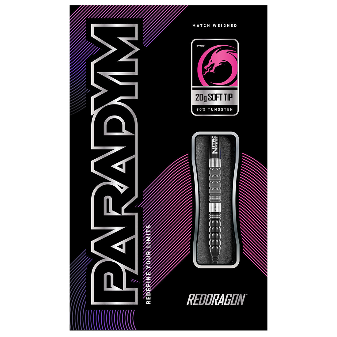 Red Dragon Paradym Tapered Soft Tip Darts, 90% Tungsten in pink and black packaging