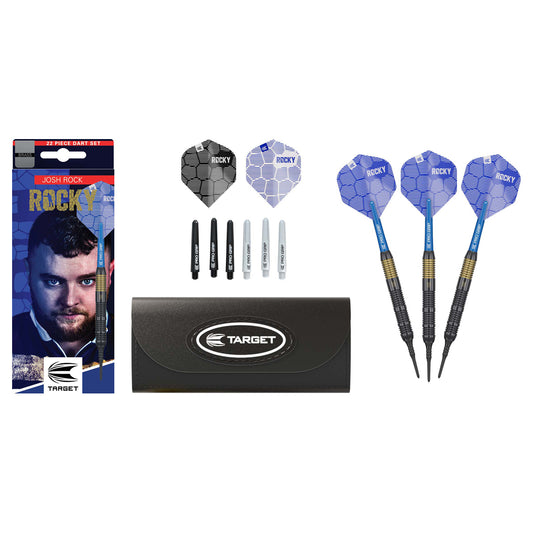 Target Josh Rock Brass 18 gram Soft Tip Darts including extra flights and shafts plus black walet